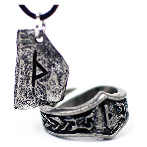 Asgard unisex pendente rune in peltro e anello runico regolabile abbinato - set regalo vichingo (th - thuriaz)