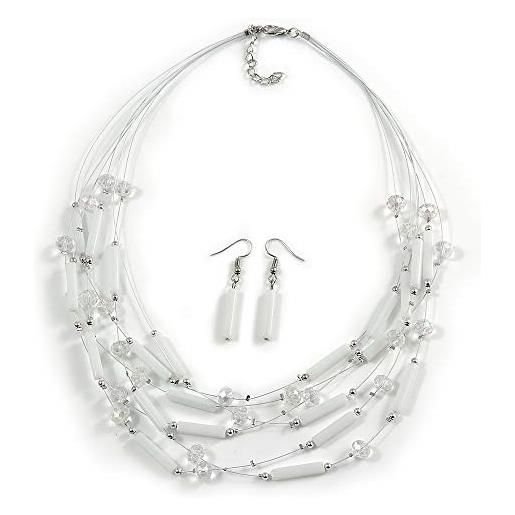 Avalaya multistrand - set di collana e orecchini pendenti con perline di vetro bianco, lunghezza 48 cm, estensione 5 cm, misura unica, vetro