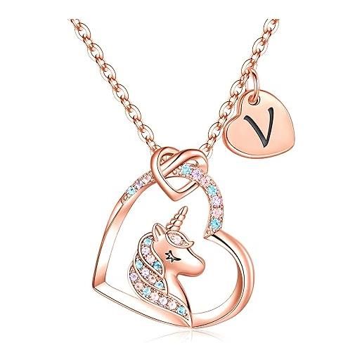 TINGN collana unicorno regali per ragazze, collana con ciondolo unicorno in oro rosa 14k con lettera collana unicorno per bambini iniziale v collane unicorno per ragazze gioielli regali per ragazze