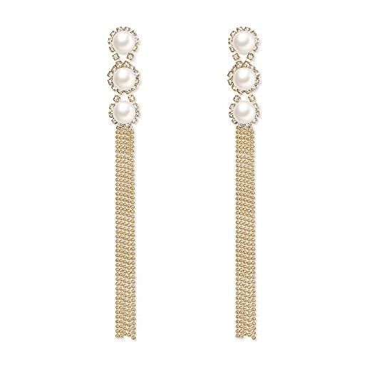 Clearine donna strass cristalli avorio simulato perla 3 perline lunghe a catena goccia sposa orecchini pendenti trasparente oro-fondo