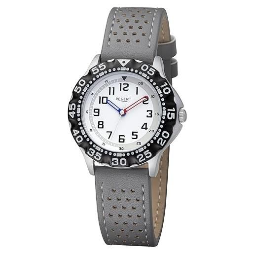 REGENT orologio junior per bambini, orologio da ragazzo con cinturino in pelle, numeri arabi, alluminio, al quarzo, grigio 2132820, grigio. 
