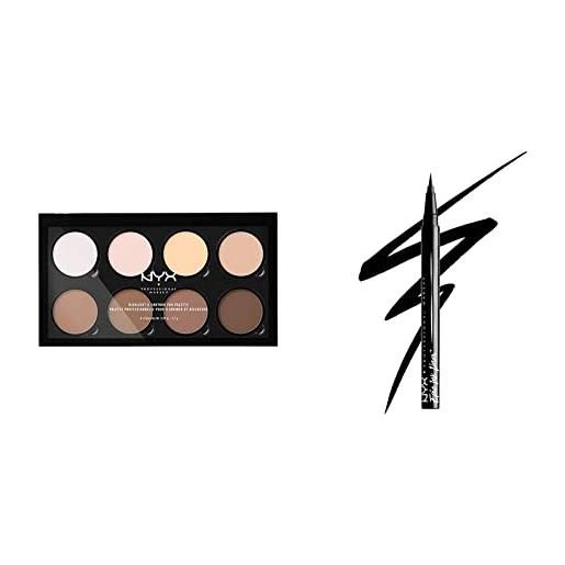 Nyx professional makeup highlight & contour pro palette, contouring kit in polvere, otto tonalità matte e perlescenti & epic ink eye liner, pennellino pigmentato e waterproof, black