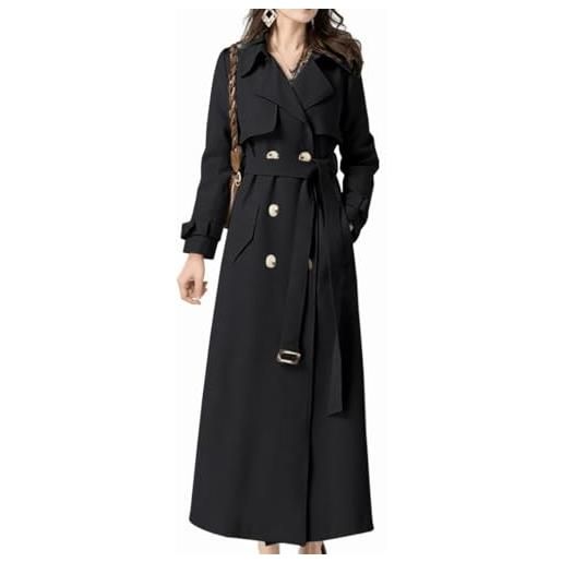 Feziakuk trench lungo da donna, doppio petto, giacca antivento, tinta unita, con cintura regolabile, nero , l