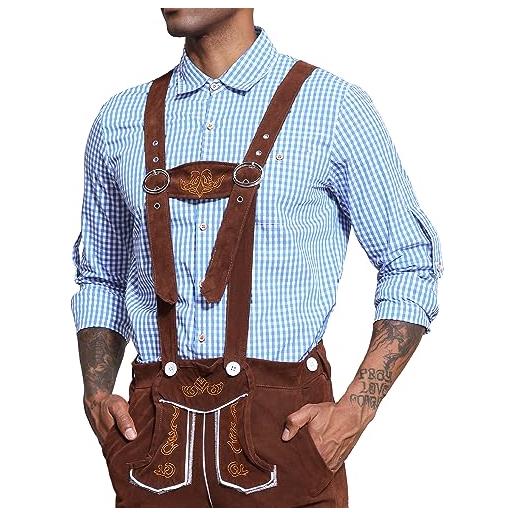 LVCBL camicia da uomo a quadri, oktoberfest, a maniche lunghe, per il tempo libero, con cotone, slim fit per uomini, azzurro, xxl
