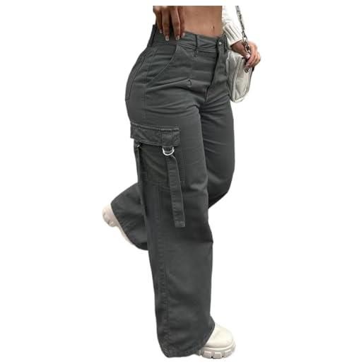 ORANDESIGNE pantaloni cargo donna y2k pantaloni larghi retrò denim pantaloni con cinturino tasca multipla streetwear gamba larga vita alta pantaloni a gamba dritta d grigio l