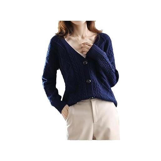 Hamthuit cardigan invernale in cashmere maglione da donna cappotto intrecciato con scollo a v maglia di lana maglia calda spessa maglione femminile navy blue m