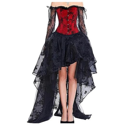 AYAZER corsetto steampunk abito corsetto corsetto gotico sexy corsetto nero rosso donna pizzo con spalle scoperte vestito lungo da festa floreale-rosso nero in due pezzi-m