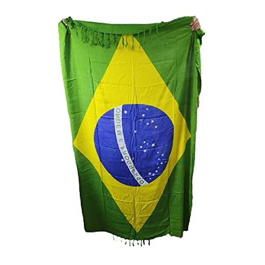 BLUSUPERSHOP pareo mare bandiera brasile in cotone rayon, 165x120 cm con frange + 1 amuleto