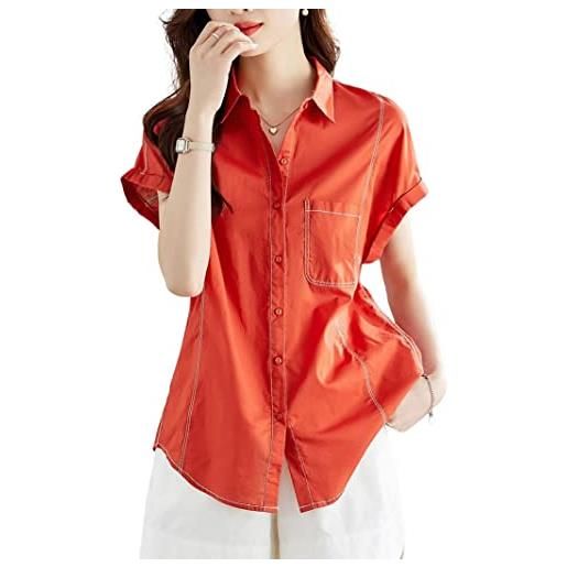 E-girl camicia da donna in cotone, tinta unita, a maniche corte, con bottoni, e26031, rosso scuro, m