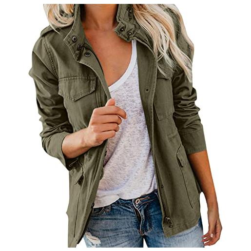 KJDWJKJRF giacca di jeans da donna, oversize, con cappuccio, giacca di jeans sottile, lunga in denim, a maniche lunghe, in denim, casual, con bottoni, in denim, verde militare. , l