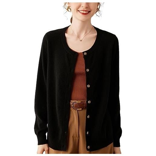 Valin cardigan da donna in cashmere, girocollo, a maniche lunghe, in lana di cashmere, sottile, df8029, nero , 48