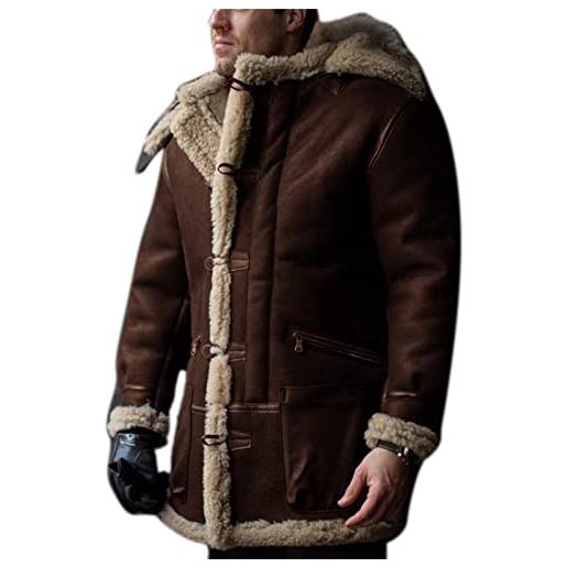 MANYMANY giacca da uomo con cappuccio in sherpa foderata in pelliccia sintetica da uomo giacche lunghe in pelle di montone scamosciate vintage cappotti