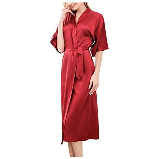 FEOYA pigiama kimono da donna lungo homewear accappatoio confortevole cardigan camicia da notte con cintura vestaglia eleganti rosso xl