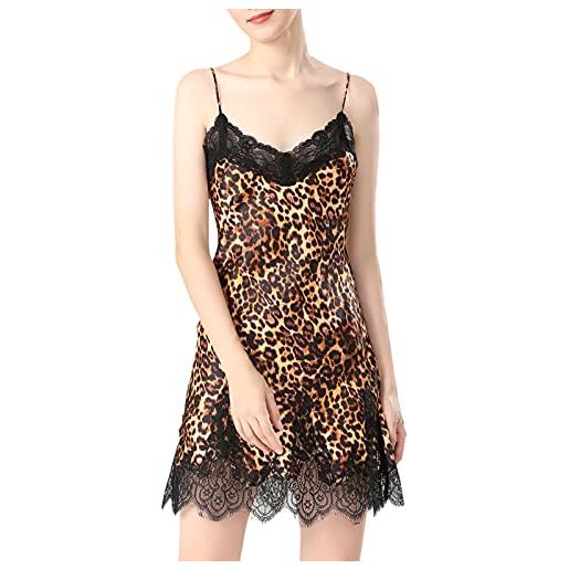 DISSA d3660 - camicia da notte da donna, in pizzo 100% seta, senza maniche, 19 momme, leopardo, x-large