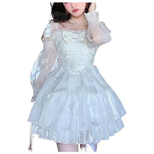 Mluvpxey vestito estivo bubble sleeve lolita kawaii dress women chiffon elegante sweet party mini dress bow french vintage (color: white dress, size: size m(45-50kg))