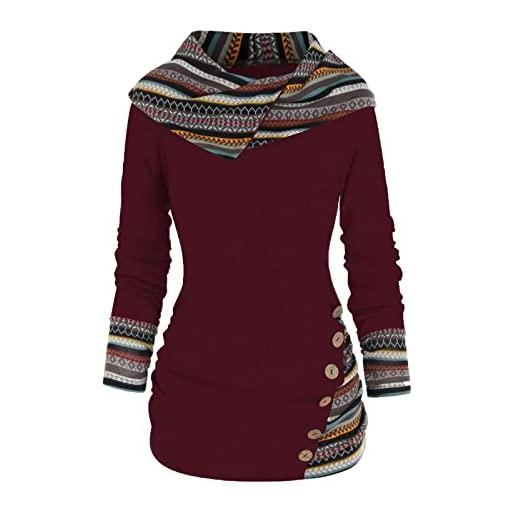 Generic top pullover top a maniche lunghe con cappuccio con pannello a righe geometriche per le donne, vino, xxl