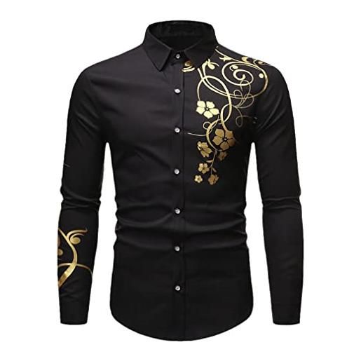 Suvoiier camicia nera da uomo con stampa floreale in oro camicia nera da uomo slim fit camicia casual da festa, nero , m