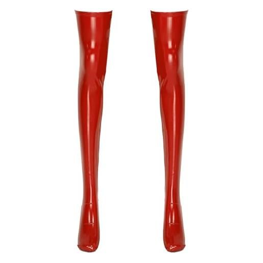 Mufeng 1 paio di calze autoreggenti con piedini in pelle pu donna alla moda per giochi di ruolo lingerie sexy calza lunga pelle nightwear rosso l