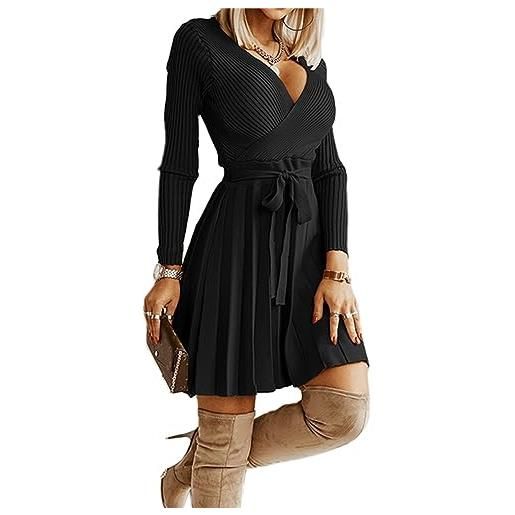 tinetill vestito donna abito in maglia a maniche lunghe con scollo a v profondo abiti invernali elegante mini abito in maglione vestiti con volant autunno inverno caldo dress corto in maglia