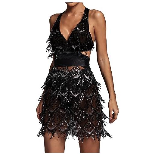 BELLA BARNETT sexy backless mini abito con scollo a v corsetto vestito per il partito di sera club glitter nappe vestito aderente per le donne, nero, xs