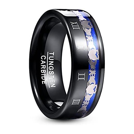 TUNGSTORY 8mm anelli donne intarsiato con motivo claddagh incisi numeri romani anello di fidanzamento comfort fit taglia 25