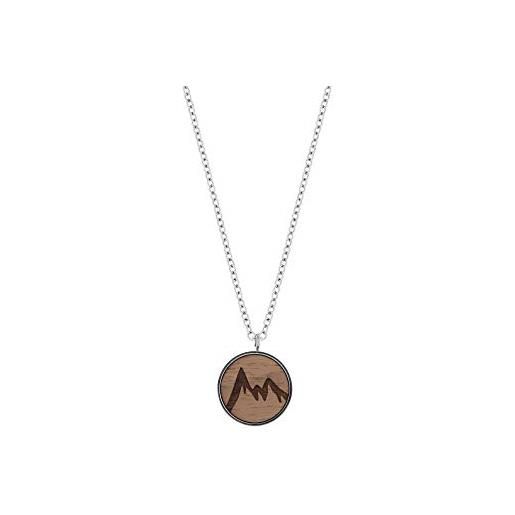 Eydl Wood Jewelry collana in acciaio inox di alta qualità skyla con ciondolo in acciaio inox e legno di noce, lunghezza 44 cm, diametro amuleto 17 mm e acciaio inossidabile, colore: montagna, cod. 0