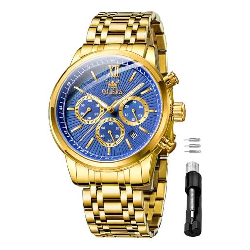OLEVS orologi da uomo oro blu regali acciaio inossidabile orologio impermeabile luminoso casual elegante uomo con diamante viso business quarzo orologio da polso, 709-blu/oro, bracciale