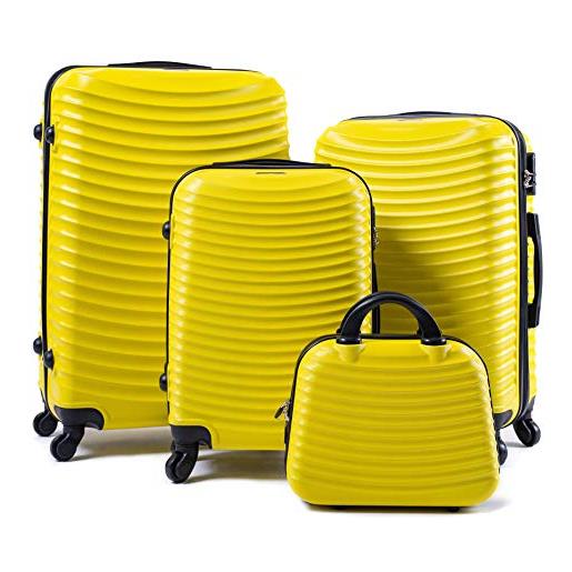 R.Leone valigia da 1 fino a set 4 trolley rigido grande, medio, bagaglio a mano e beauty case 4 ruote in abs 2030 (giallo, set 3 pezzi s m l)