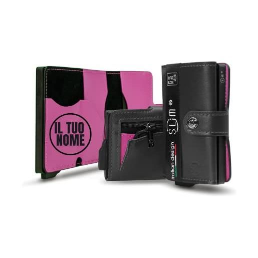 SLim portafoglio personalizzabile porta carte di credito schermato portacarte anticlonazione uomo donna personalizzabile (nero e fucsia con zip)