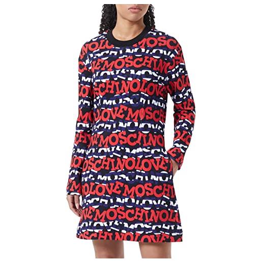 Love Moschino vestibilità aderente, maniche lunghe, logo stampato su tutta la superficie dress, blu/rosso/bianco, 48 donna
