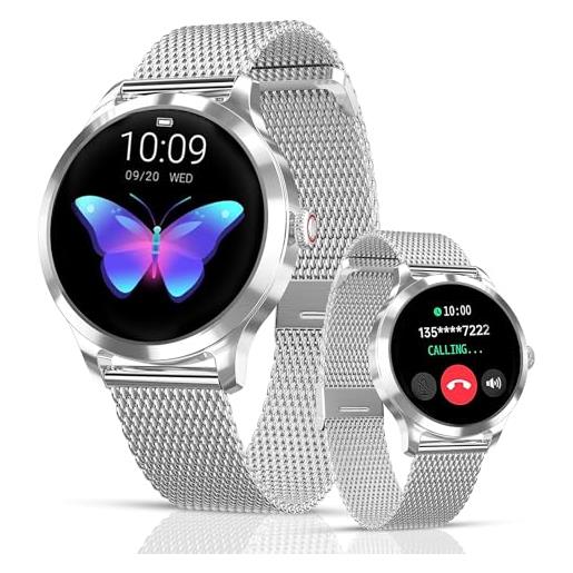 LUNIQUESHOP smart watch donna intelligente fitness tracker rotondo | sonno | impermeabile | smart band notifiche messaggi, calorie | orologio digitale | contapassi smart band per android ios (argento)