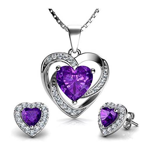 DEPHINI - set di gioielli viola - forma di doppio cuore collana e orecchini - con zirconia cubica - collana argento donna 925 - idea regalo per donne e ragazze