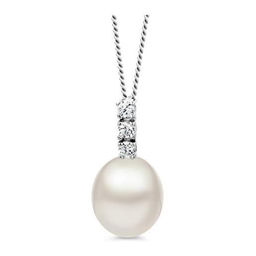Orovi collana donna con perle d'acqua dolce bianche e zirconi taglio brillante in oro bianco 9 kt 375 catena 45 cm