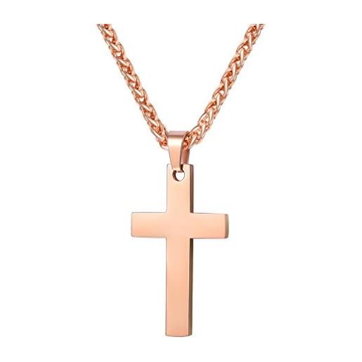 PROSTEEL collana pendente con cindolo di croce semplice acciaio inossidabile, catena 55 60 cm, confezione regalo 0, per donna/uomo, color rosa