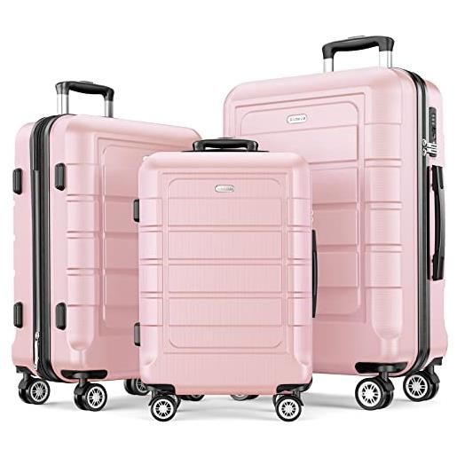 SHOWKOO set di valigie rigide 3 pezzi espandibile abs+pc leggero ultra durevole valigia trolley da viaggio con chiusura tsa e 4 ruote doppie (m-l-xl, rosa)
