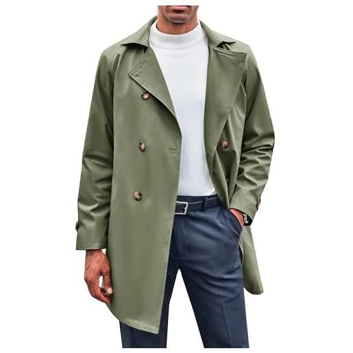 Feziakuk trench uomo doppio petto lungo cappotto revers autunno inverno giacca stile militare giacca, cachi, xxl