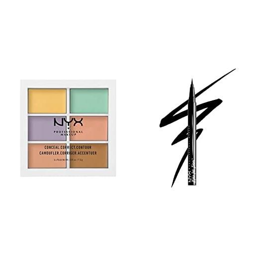 Nyx professional makeup palette colour correcting, palette 6 correttori per correggere le imperfezioni, tonalità cremose & epic ink eye liner, pennellino pigmentato e waterproof, black