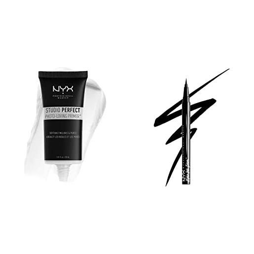 Nyx professional makeup studio perfect primer - base per makeup, incarnato uniforme, minimizza l'aspetto delle rughe sottili e dei pori dilatati & epic ink eye liner, black