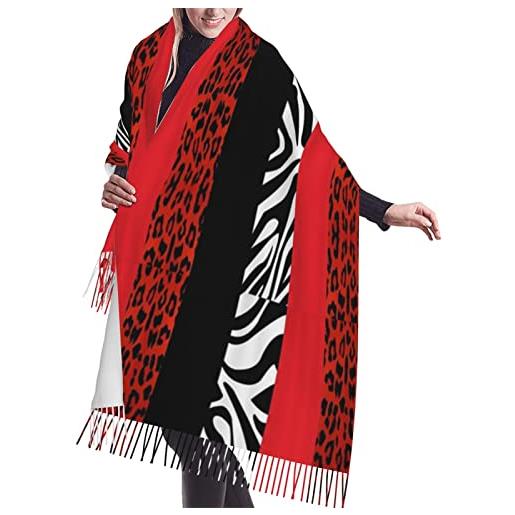 PSVOD sciarpa rossa leopardata e zebra animale nappa sciarpa moda donna nappa cashmere sciarpa morbida scialle caldo, nero, taglia unica