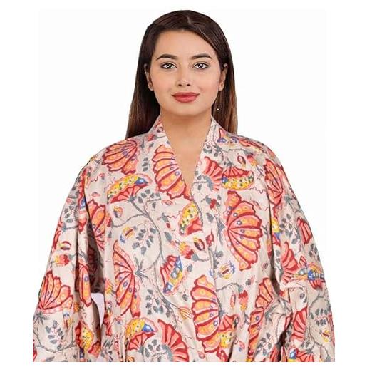 Indocrafts accappatoio in cotone con stampa floreale indiana, kimono, vestaglia da donna, abito da notte lungo kimono senape da donna, fatto a mano