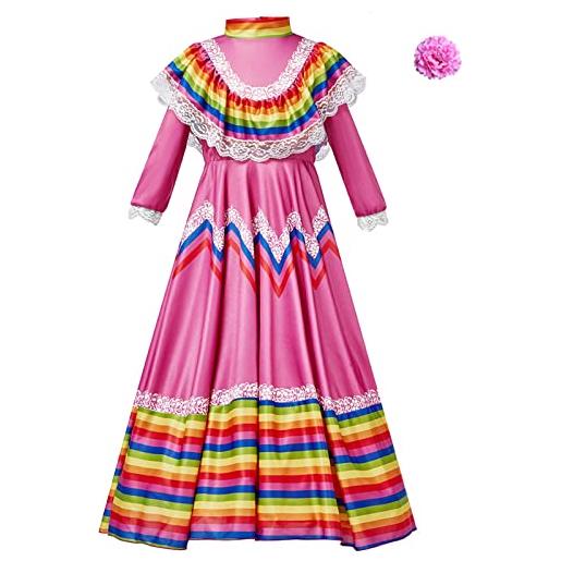 Chejarity vestito tradizionale messicano da bambina per bambini vestito da principessa da ballo a maniche lunghe in stile con copricapo vestito da festa di compleanno di carnevale cosplay (yellow, 8-10 years)