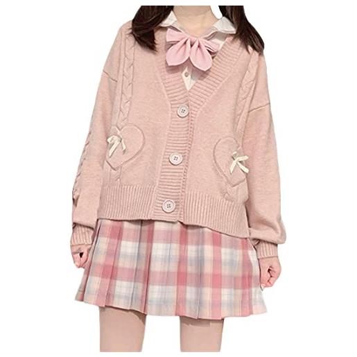 Himifashion cardigan da donna in stile giapponese con fiocco lavorato a maglia maglioni ragazze jk maglione manica lunga maglione scollo a v corto cardigan top, rosa, xl