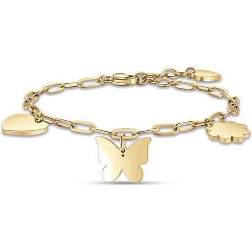 Luca Barra bracciale da donna in acciaio dorato con cuore, farfalla e quadrifoglio bk2150