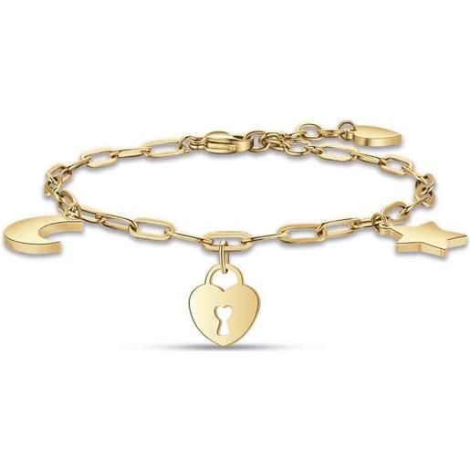 Luca Barra bracciale da donna in acciaio dorato con luna, cuore lucchetto e stella bk2151