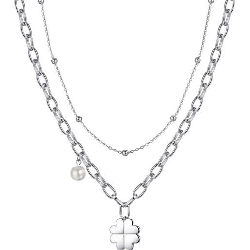 Luca Barra collana donna acciaio con quadrifoglio e perla argento Luca Barra ck1666