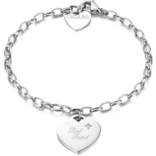 S'Agapõ bracciale be my always in acciaio con cuore, cristallo bianco e scritta best friends S'Agapõ donna sbm13