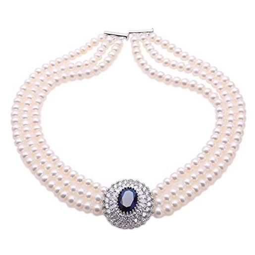 JYX Pearl collana a tre fili da 7-7,5 mm a 3 fili con perle bianche d'acqua dolce coltivate opera collana con pietra preziosa blu ciondolo da donna lunghezza 43-45,7 cm, perla, perla