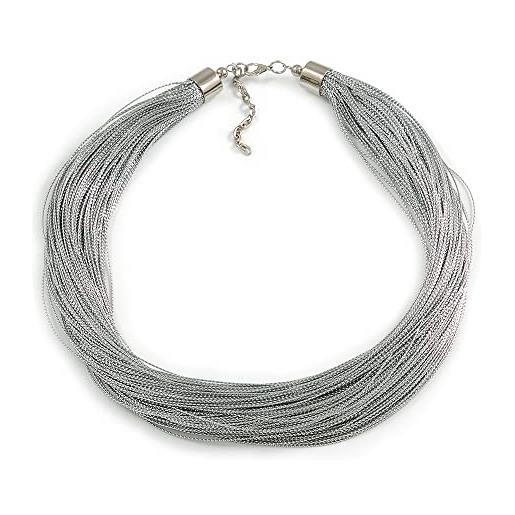 Avalaya collana in argento metallizzato multifilo di seta color argento, 50 cm l/7 cm, cavi