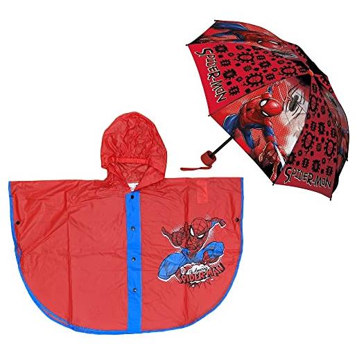 CARTOON set pioggia, mantellina pioggia + ombrello, spiderman, marvel, ombrello pieghevole, impermeabile, mantella, antipioggia, antivento, in pvc, per bambini (3-4 anni)