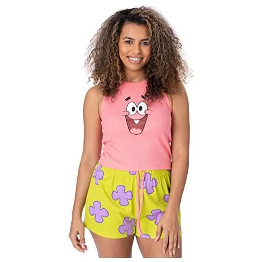 SpongeBob Squarepants patrick ladies short pyjamas | womens character face ribbed pink vest with green coral elasticated shorts | animated tv show merchandise